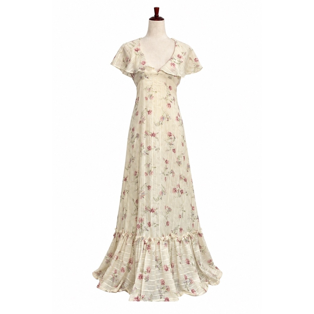 70s Maxi Dress XS Vintage Floral Ruffle Cream Gown Whimsical Coquette